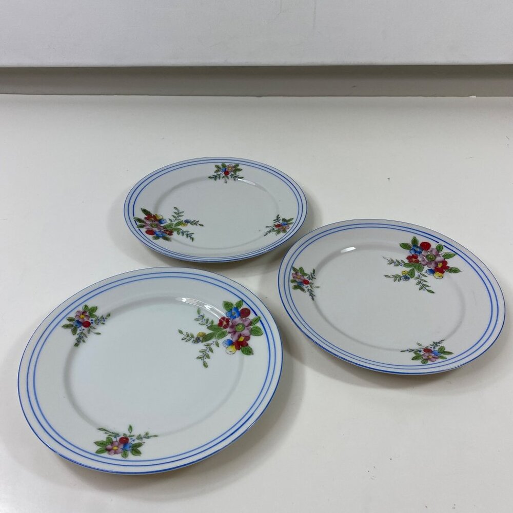 Vintage Japan Floral Side 7.5" Plates Set Of 3 Blue Trim
